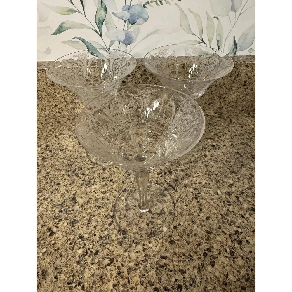 Mid Century Morgantown Milan 7668 Etched Champagne Glasses Tall Sherbet Set of 3